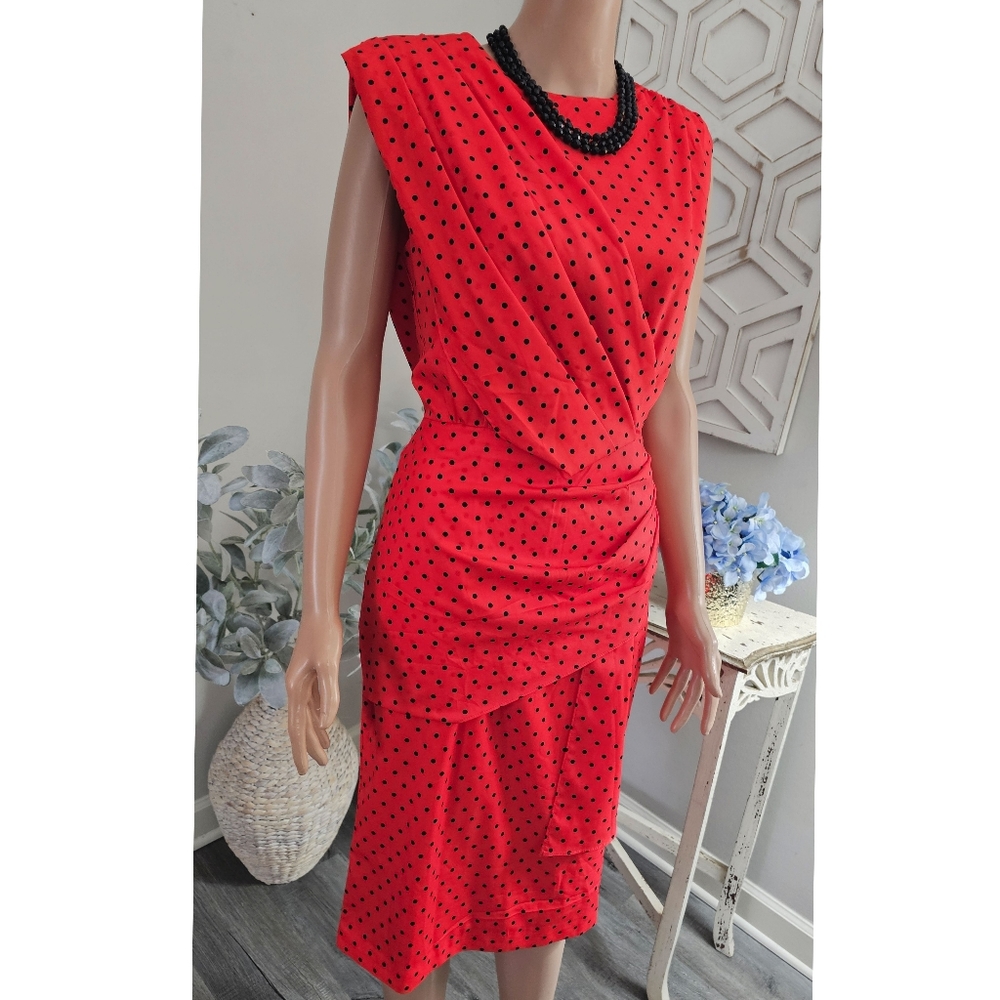 Retro Floryday Red & Black Polka Dot Waist Gathered Open back Sheath Dress